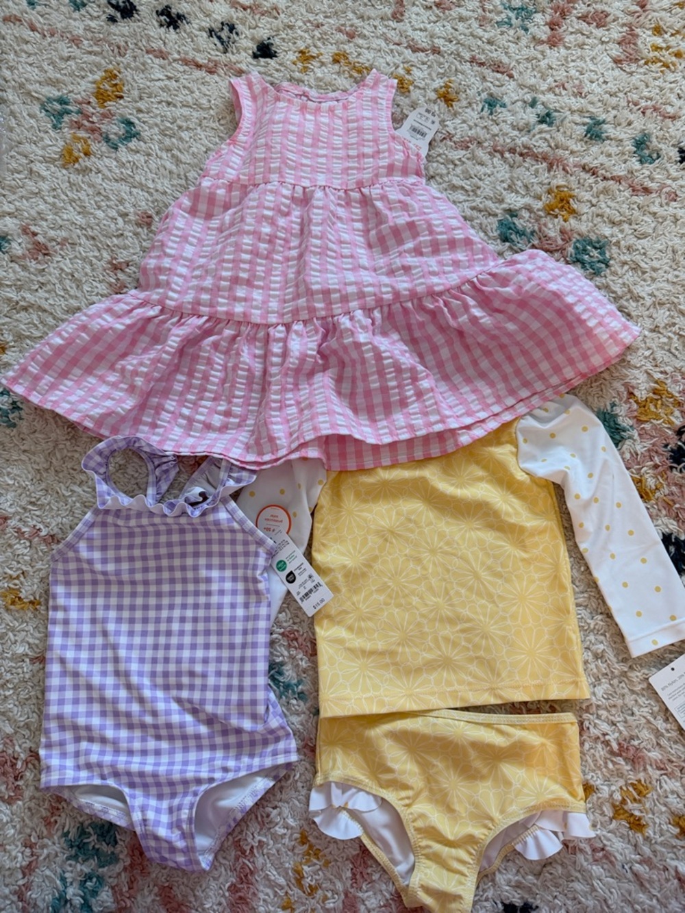 2T NWT - Pink Gingham Sundress + purple swim suit + yellow swim set